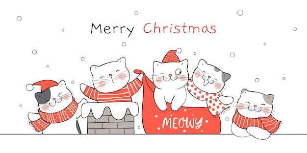 Draw banner funny Santa cat on the roof in snow.