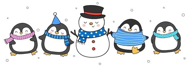 Draw banner penguin with snowman Christmas and winter