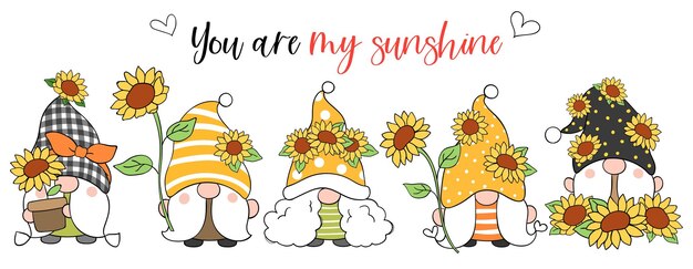 Vector draw banner sunflower gnome for spring and summer