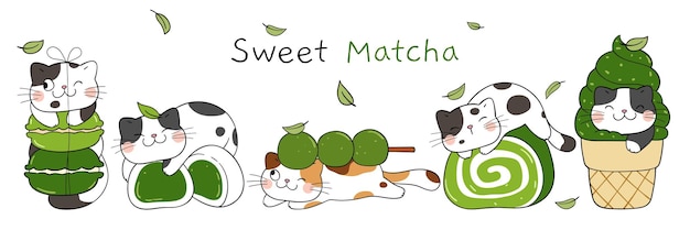 Draw banner sweet cats Matcha dessert concept