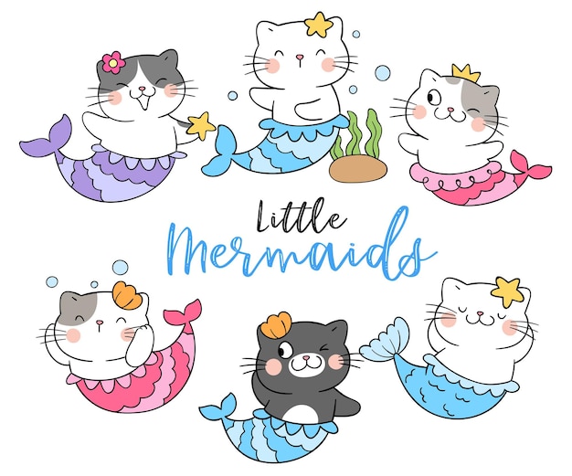 Draw cat mermaid Under the sea concept Cartoon style