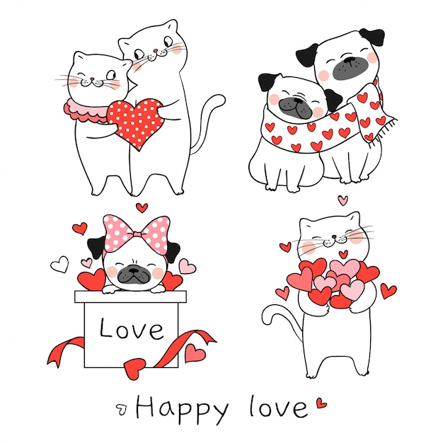 Draw cat and pug dog with little heart for valentine day