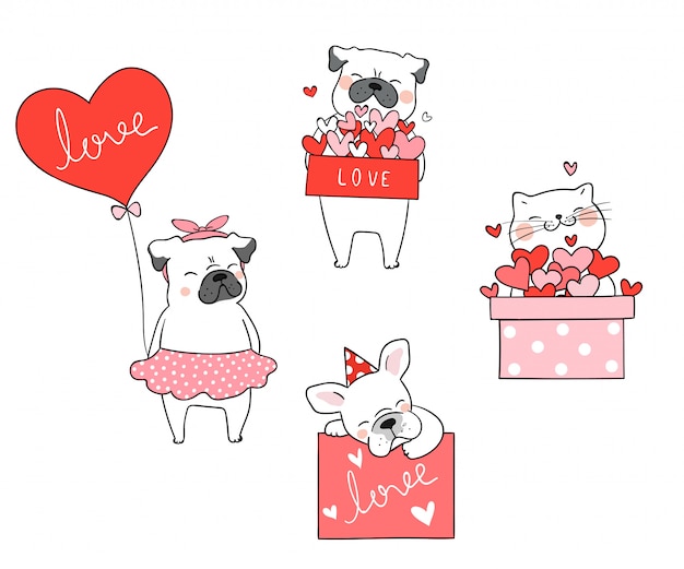 Draw cat and pug dog with little heart for valentine