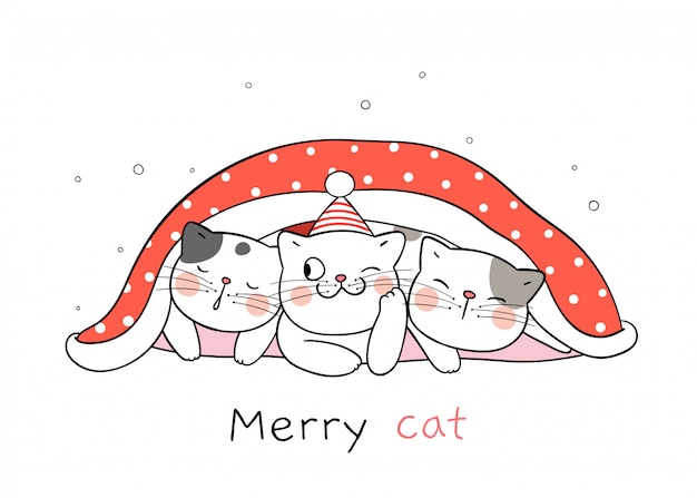 Vector draw cat in red blanket for christmas day and new year.