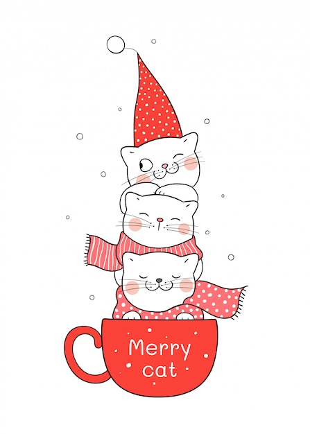 Draw cat in red cup of coffee for Christmas and new year.