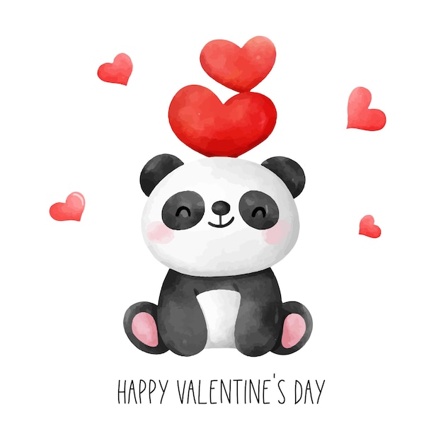 Draw character design cute panda with red heart for valentine day Watercolor style