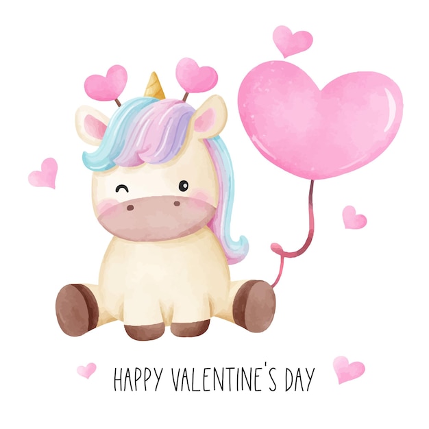 Draw character design unicorn with heart balloon for valentine day Watercolor style