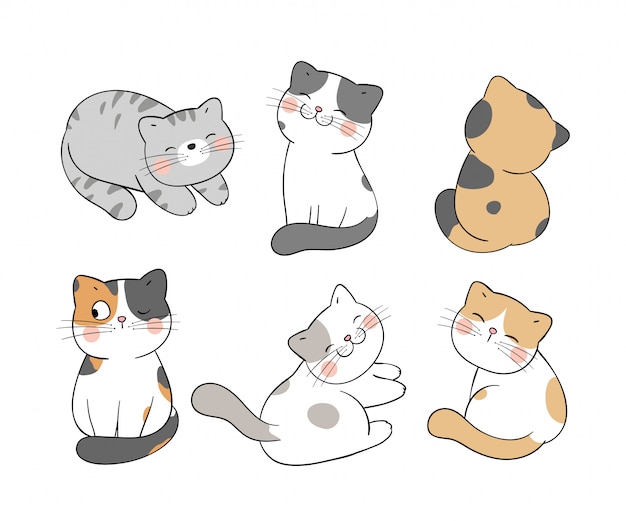 Draw collection baby cat on white.Different poses.