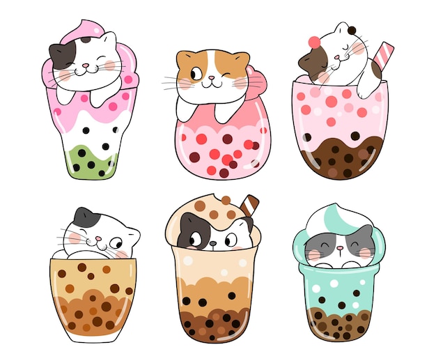 Draw collection cat in bubble tea Doodle cartoon style