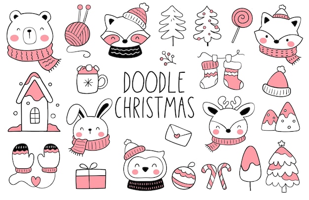 Draw collection happy woodland animals for christmas