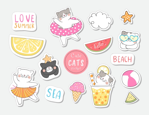 Draw collection stickers cat in summer.