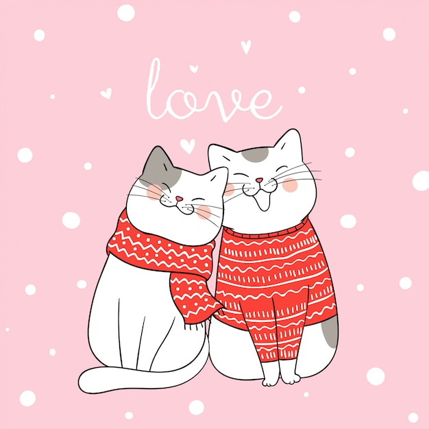 Draw couple love of cat sitting in snow for Christmas day.