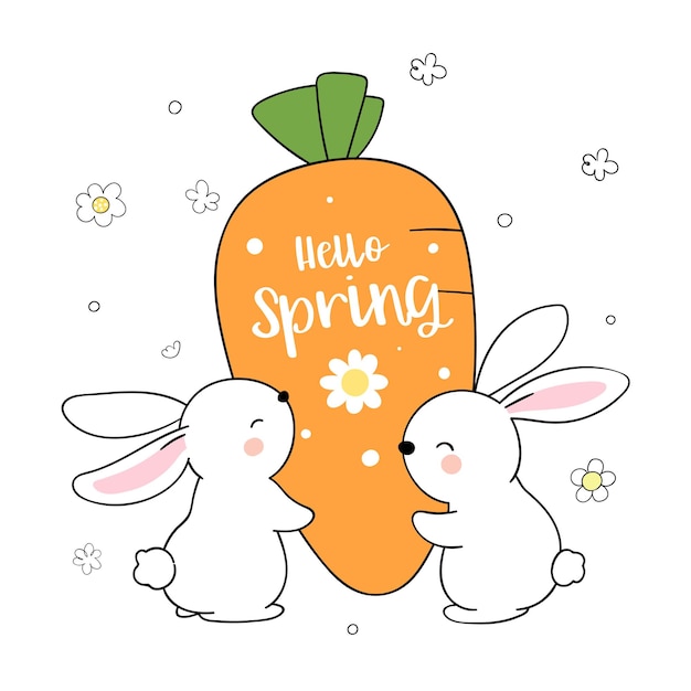 Draw cute bunny holding carrot for spring season