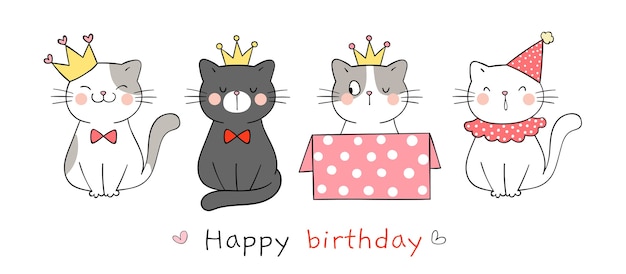 Draw cute cat for happy birthday