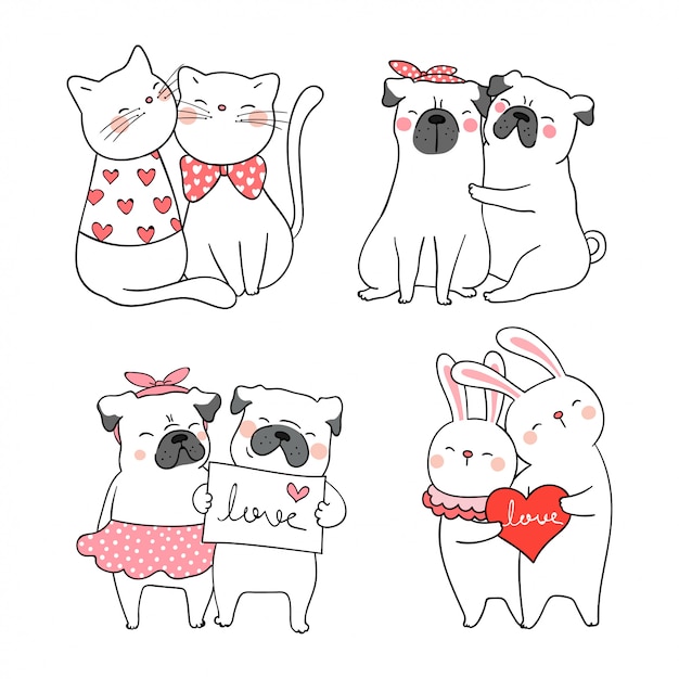 Draw cute cat and pug dog for valentine.