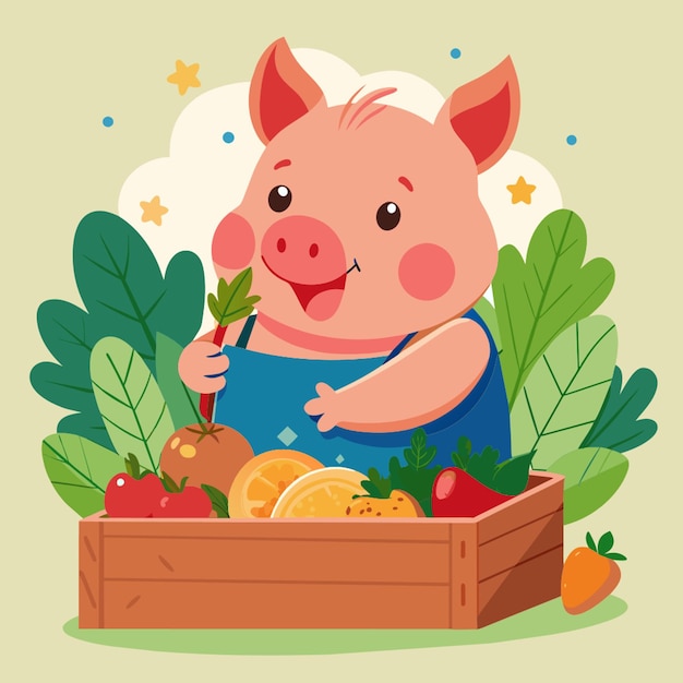 Vector draw a cute pig who happily eats fresh vegetables from his trough enjoying the taste and pleasant