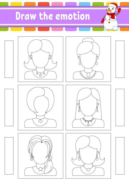 Draw the emotion Worksheet complete the face Coloring book for kids Cheerful character Vector illustration Black contour silhouette Vector illustration