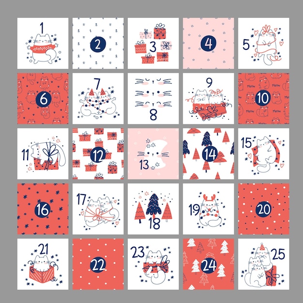 Draw funny advent calendar with cats for christmas and winter vector illustration character collection funny cats for Christmas and New year Doodle cartoon style