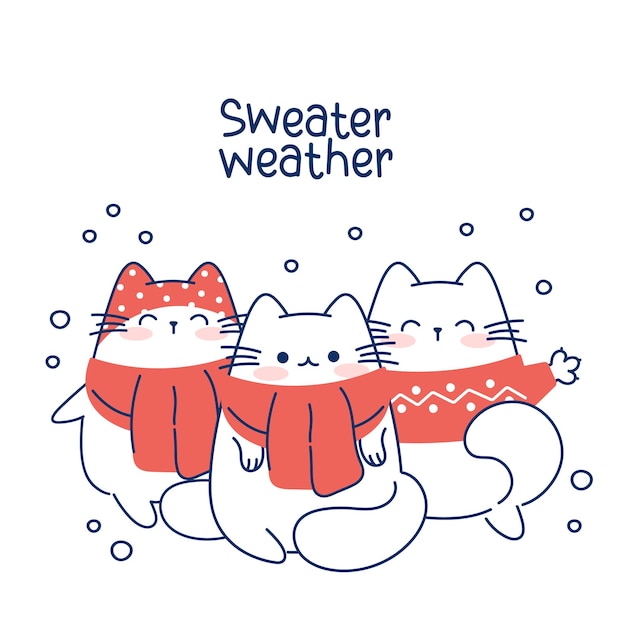 Draw funny cats for christmas and winter vector illustration character collection funny cats for Christmas and New year Doodle cartoon style