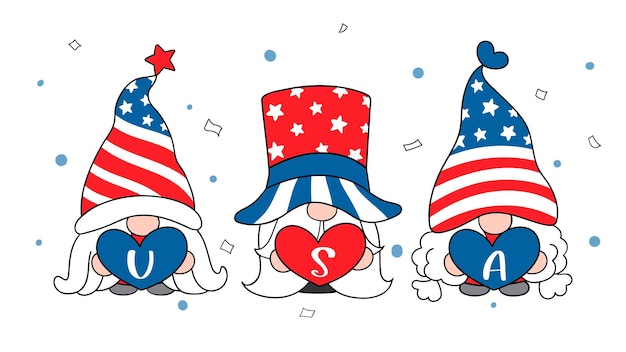 Draw gnome holding USA heart for Independence day 4 th of July