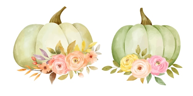 Draw green pumpkin arrangement with leaves For Autumn Harvest Thanksgiving