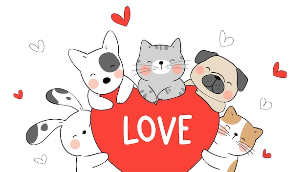 Draw happy animals cat dog bunny with heart for valentine