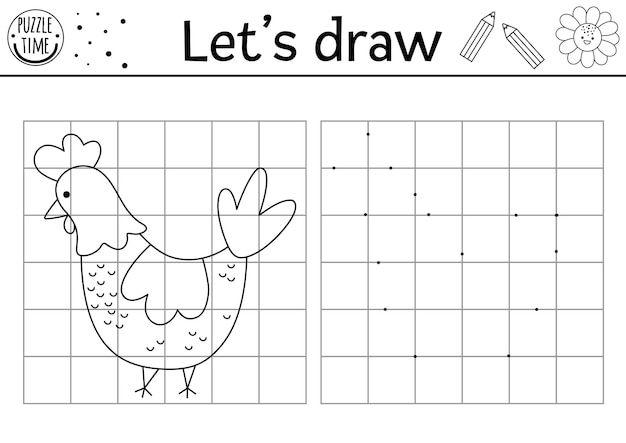 Draw the hen Complete the picture Vector on the farm drawing practice worksheet Printable black and white activity for preschool kids with chicken Copy the farm bird picture coloring pagexA