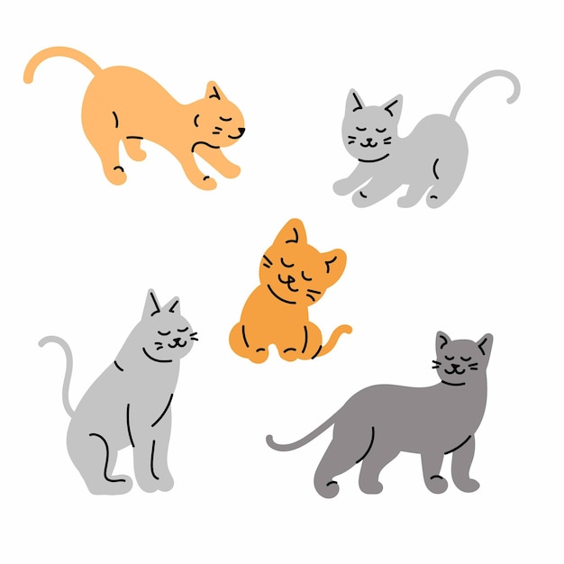 Draw  illustration character collection cute cat.Doodle cartoon style.