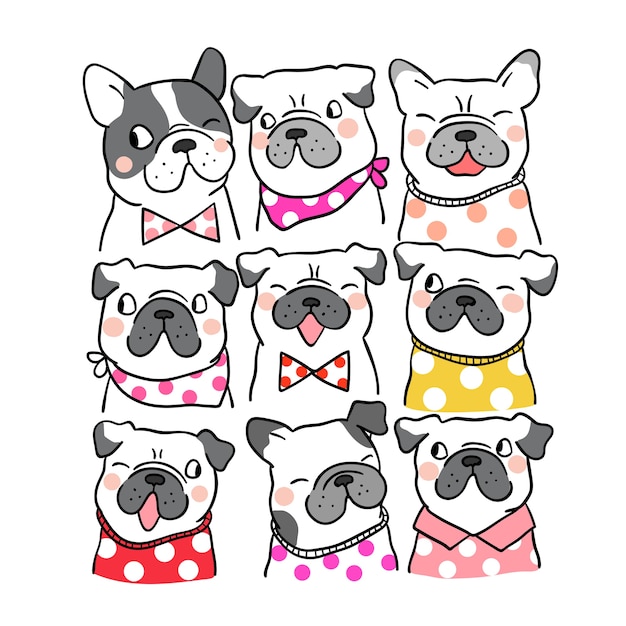 Vector draw portrait cute pug and french bulldog doodle style