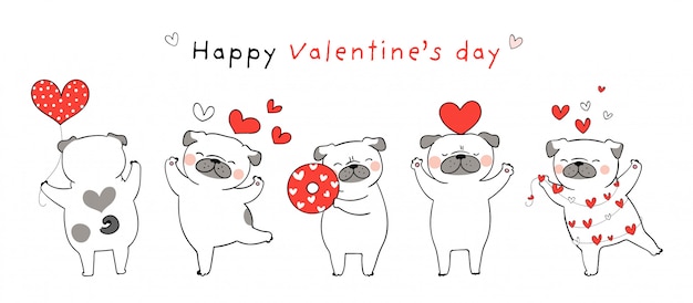 Draw pug dog with little red hearts for Valentine.