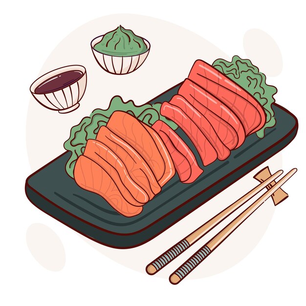 Vector draw sashimi raw fish vector illustration japanese asian traditional food cooking menu concept doodle cartoon style