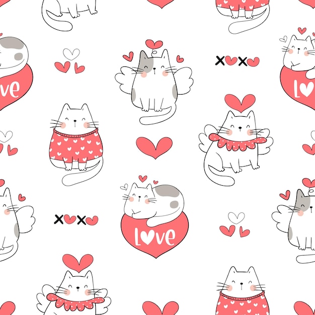 Draw seamless cute cat for Valentine day