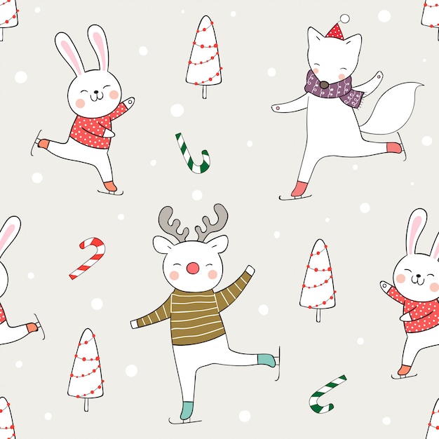 Draw seamless pattern funny animal play in snow for Christmas.