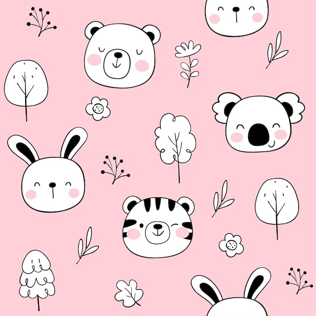 draw seamless pattern happy face animal on pink