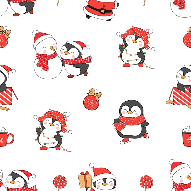 Draw seamless pattern santa penguin for christmas and winter