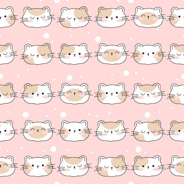 Draw seamless pattern with cute cats faces on pink pastel background Doodle cartoon style