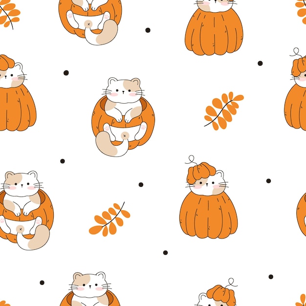 Draw seamless pattern with cute cats thanksgiving autumn fall and pumpkins on white background Doodle cartoon style