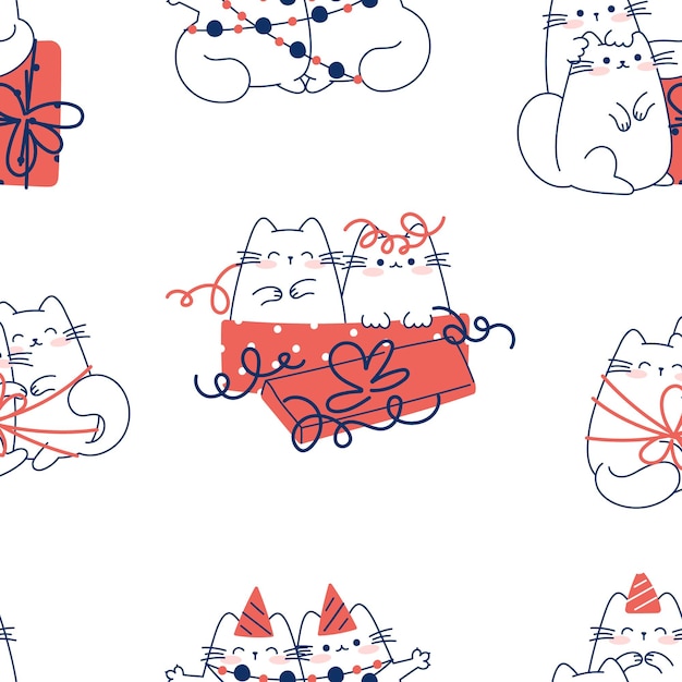 Draw seamless pattern with cute cats on white background for christmas and winter and New year Doodle cartoon style