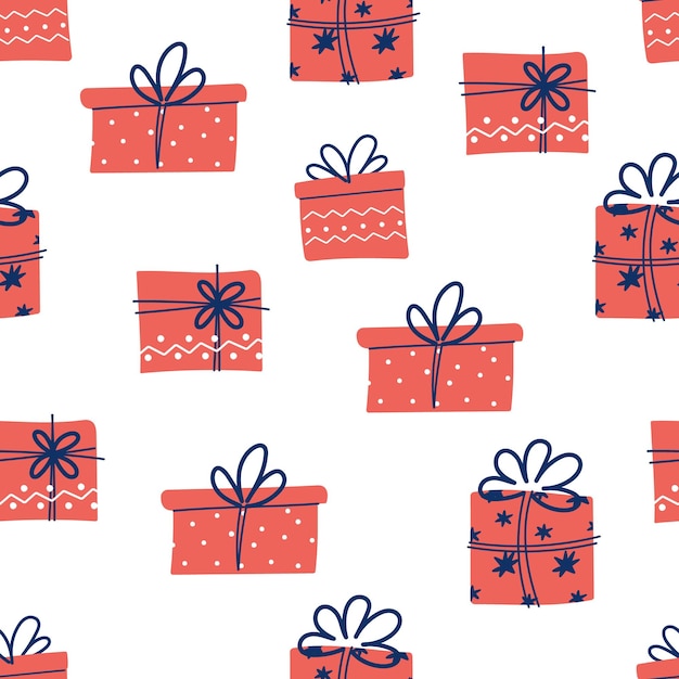 Draw seamless patterns with gift boxes on white background for christmas and winter and New year Doodle cartoon style