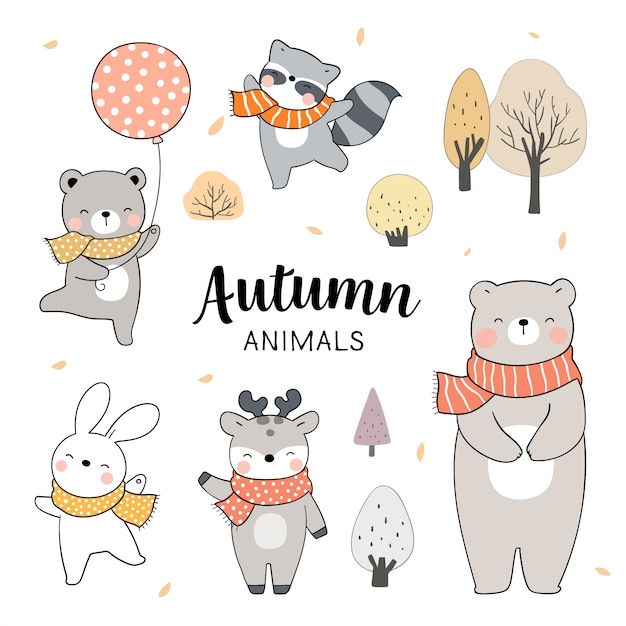 Draw set animals for Autumn season.Woodland concept.