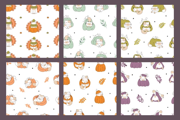 Draw Set of seamless patterns with cute cats thanksgiving autumn fall pumpkins on white background Doodle cartoon style