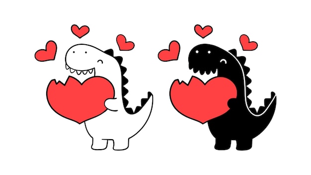 Vector draw silhouettes of dinosaurs with red heart for valentine