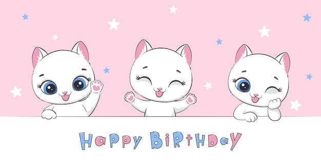 Draw vector illustration banner with cute cats Happy Birthday concept Vector illustration