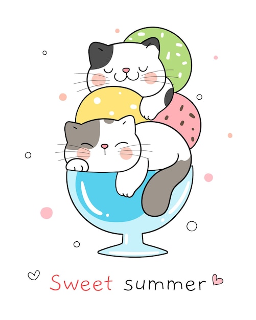 Draw vector illustration character cute cat in sweet ice cream for summer Doodle cartoon style