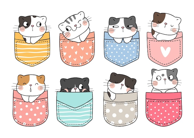 Draw vector illustration character design collection cute cats in pocket Doodle cartoon style