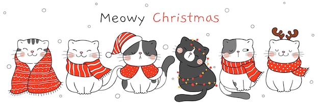 Draw vector illustration character design cute cat for christmas and new year Doodle cartoon style