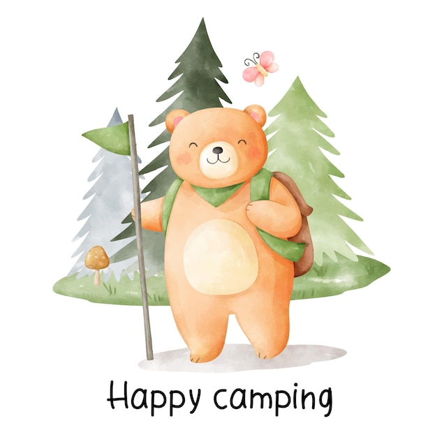 Draw vector illustration character design happy bear for camping concept Watercolor style