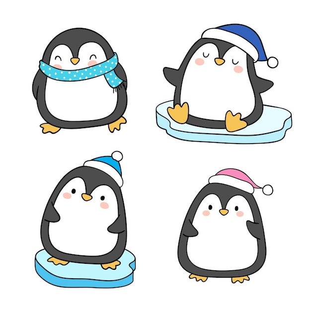 Draw vector illustration collection funny penguin Christmas and winter Doodle cartoon style