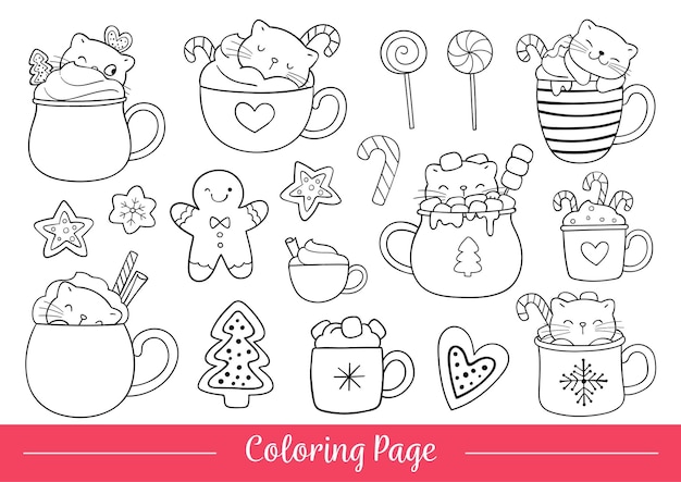 Draw vector illustration coloring page cats with sweet christmas Doodle cartoon style