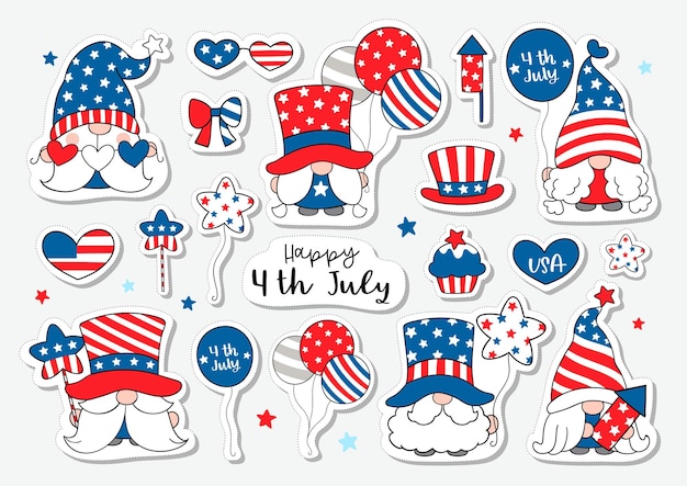 Draw vector illustration sticker printable design cute gnome for 4th of July Cartoon style